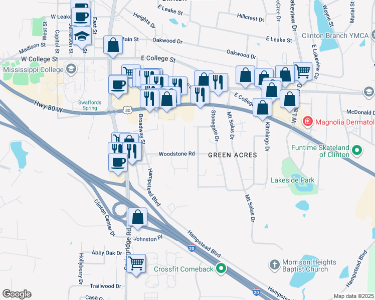 map of restaurants, bars, coffee shops, grocery stores, and more near 107 Woodstone Place in Clinton