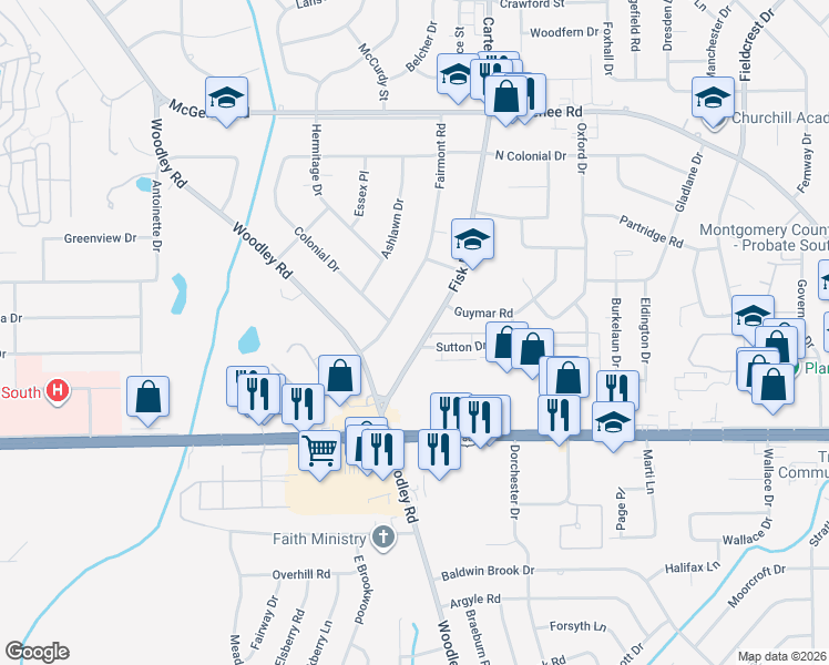 map of restaurants, bars, coffee shops, grocery stores, and more near 2740 Fisk Road in Montgomery