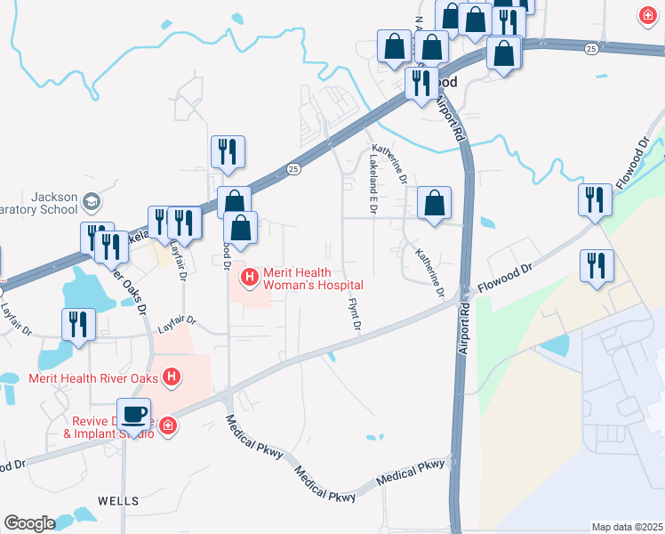 map of restaurants, bars, coffee shops, grocery stores, and more near 1045 Flynt Drive in Flowood