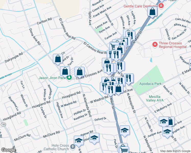 map of restaurants, bars, coffee shops, grocery stores, and more near 201 3 Crosses Avenue in Las Cruces