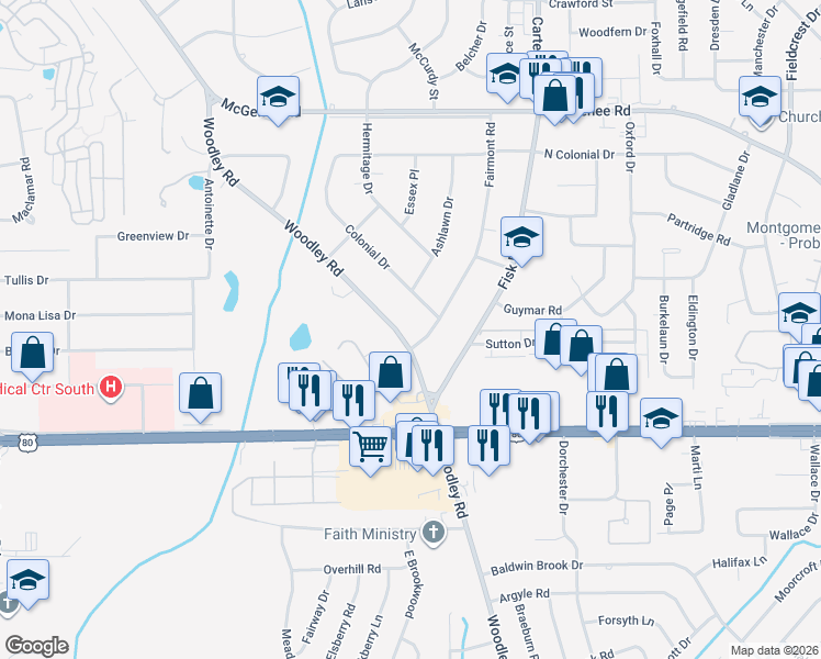 map of restaurants, bars, coffee shops, grocery stores, and more near 2863 Woodley Road in Montgomery