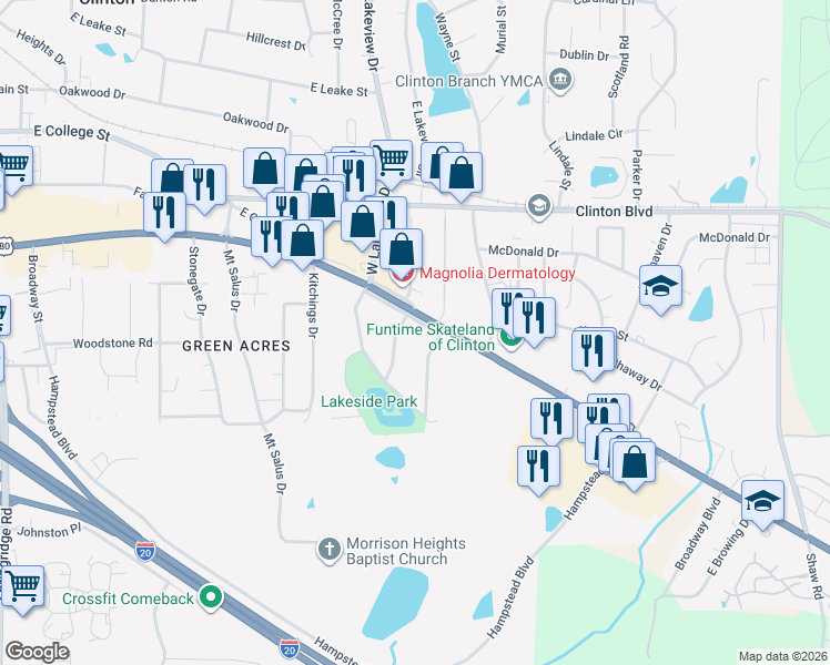 map of restaurants, bars, coffee shops, grocery stores, and more near 806 East College Street in Clinton