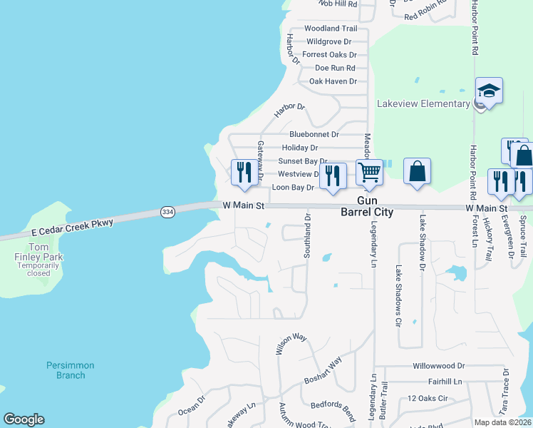 map of restaurants, bars, coffee shops, grocery stores, and more near 2715 West Main Street in Gun Barrel City