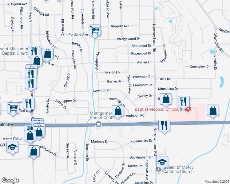 map of restaurants, bars, coffee shops, grocery stores, and more near 1048 Lynwood Drive in Montgomery