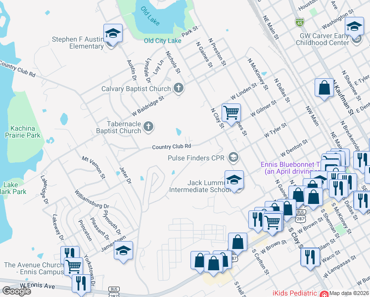 map of restaurants, bars, coffee shops, grocery stores, and more near 1100 Country Club Road in Ennis