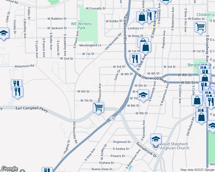 map of restaurants, bars, coffee shops, grocery stores, and more near in Tyler