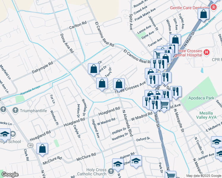 map of restaurants, bars, coffee shops, grocery stores, and more near 2200 North Alameda Boulevard in Las Cruces