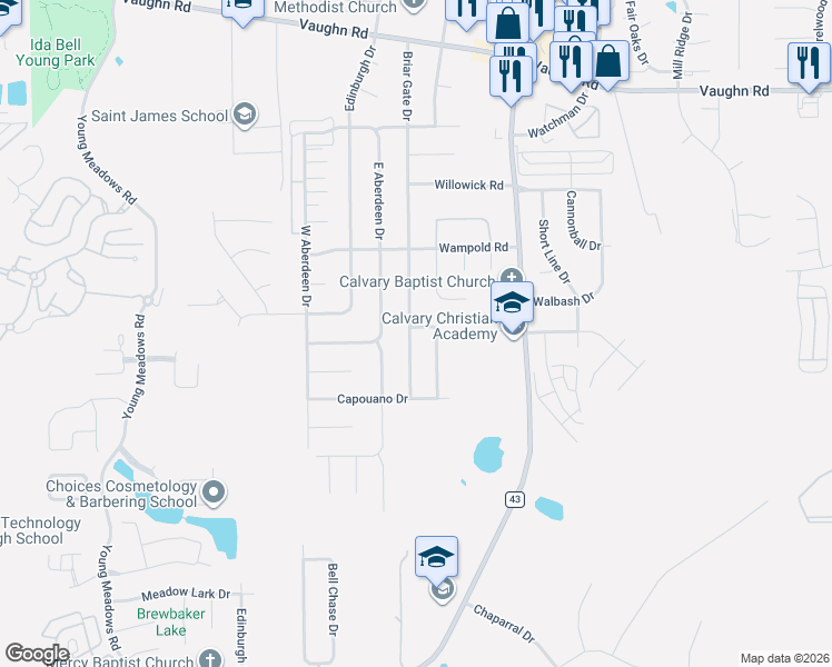 map of restaurants, bars, coffee shops, grocery stores, and more near 2236 Briar Gate Drive in Montgomery