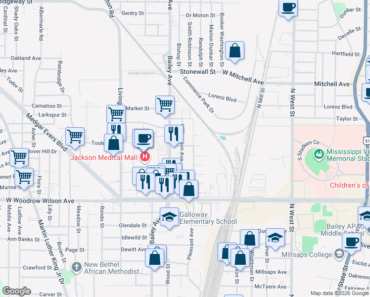 map of restaurants, bars, coffee shops, grocery stores, and more near 2605 Williamson Avenue in Jackson