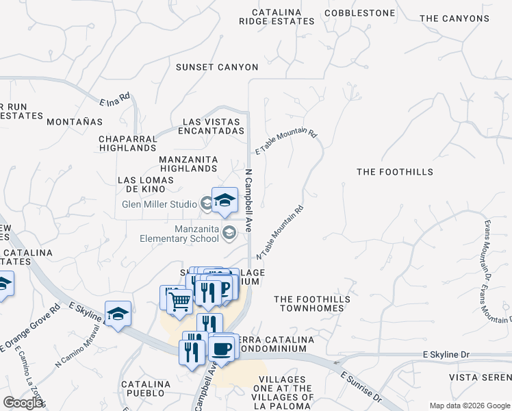 map of restaurants, bars, coffee shops, grocery stores, and more near 6843 North Green Mountain Place in Tucson