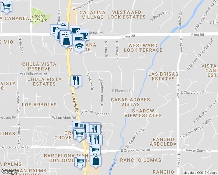 map of restaurants, bars, coffee shops, grocery stores, and more near 6811 North Casas Adobes Drive in Tucson