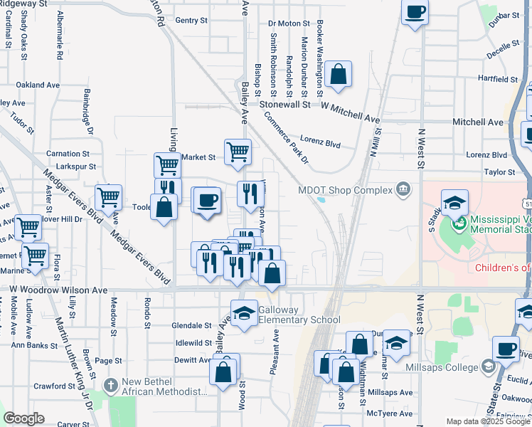 map of restaurants, bars, coffee shops, grocery stores, and more near 2605 Williamson Avenue in Jackson