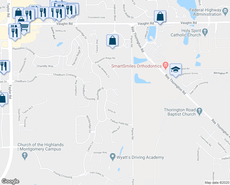 map of restaurants, bars, coffee shops, grocery stores, and more near 8636 Old Savannah Lane in Montgomery