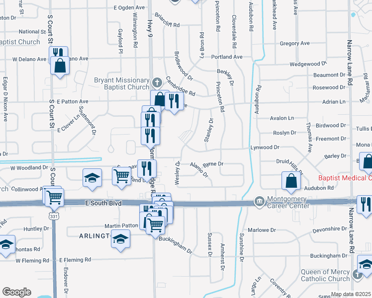 map of restaurants, bars, coffee shops, grocery stores, and more near 602 Lynwood Drive in Montgomery
