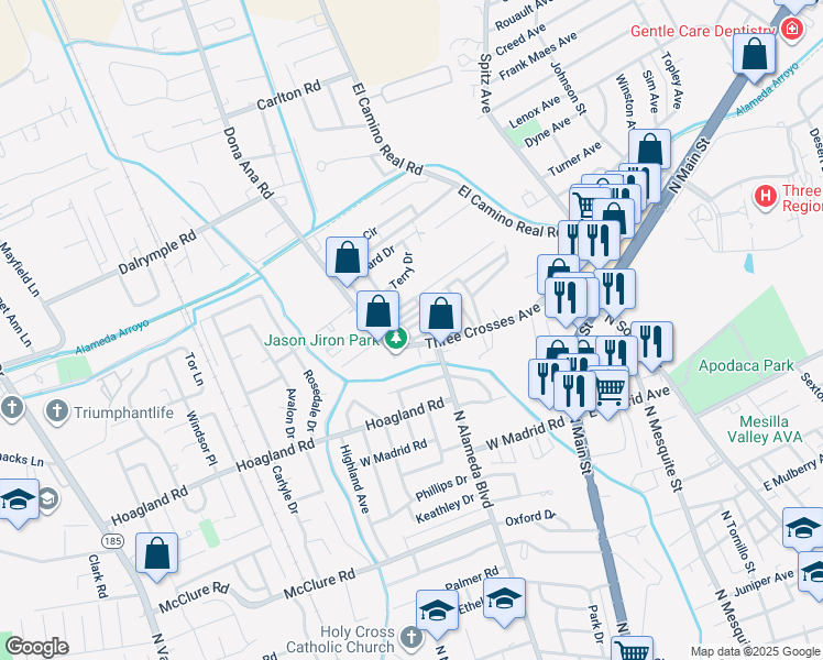 map of restaurants, bars, coffee shops, grocery stores, and more near 2200 North Alameda Boulevard in Las Cruces