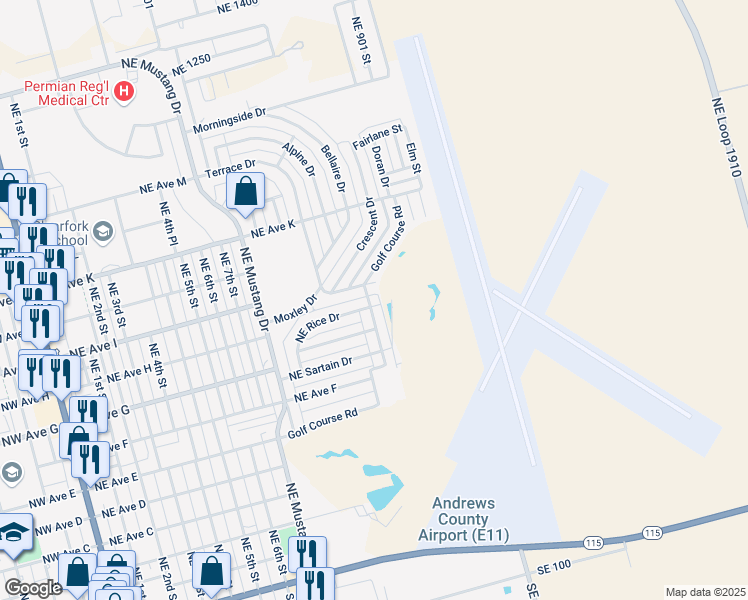 map of restaurants, bars, coffee shops, grocery stores, and more near 1101 Terrace Drive in Andrews