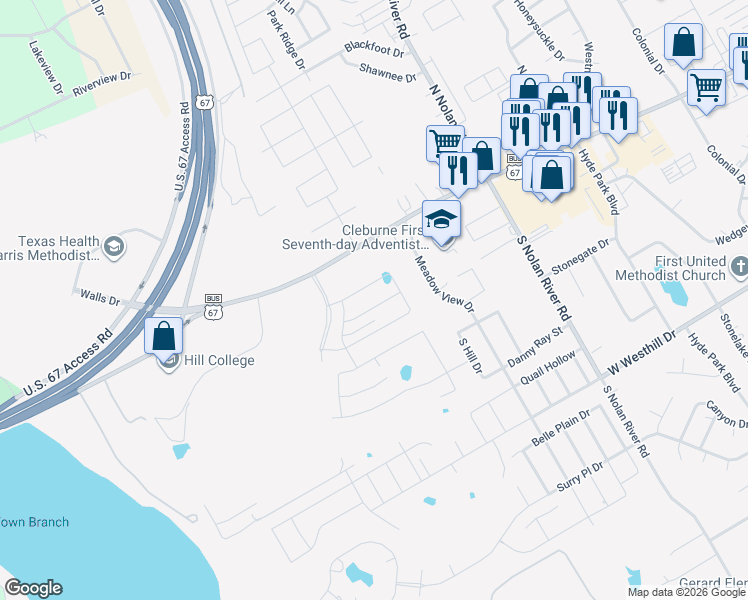 map of restaurants, bars, coffee shops, grocery stores, and more near 1915 West Henderson Street in Cleburne