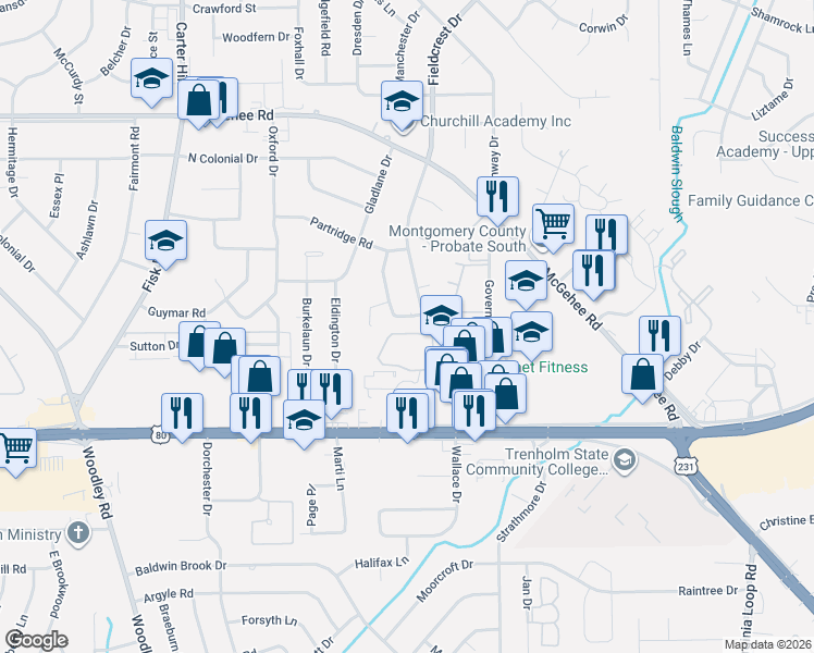 map of restaurants, bars, coffee shops, grocery stores, and more near 3897-3901 Fieldcrest Drive in Montgomery