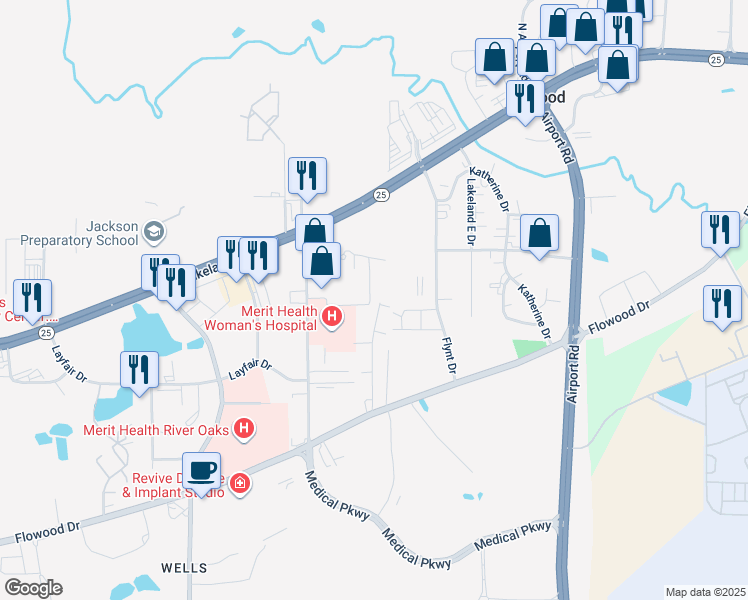 map of restaurants, bars, coffee shops, grocery stores, and more near 585 Dexter Drive in Flowood