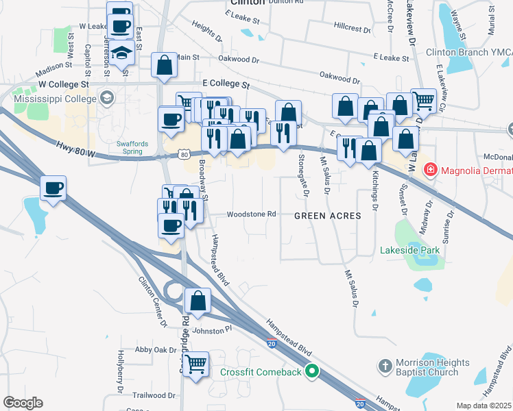 map of restaurants, bars, coffee shops, grocery stores, and more near 107 Woodstone Place in Clinton