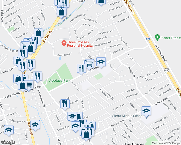 map of restaurants, bars, coffee shops, grocery stores, and more near 1314 East Madrid Avenue in Las Cruces