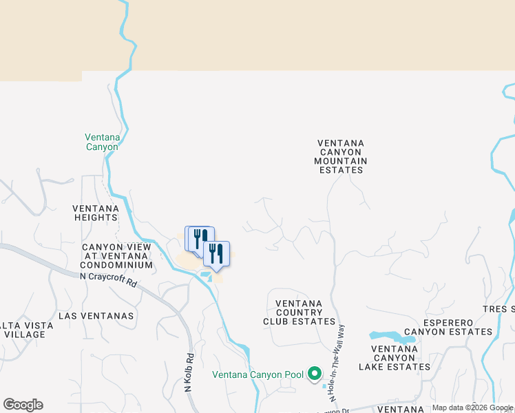 map of restaurants, bars, coffee shops, grocery stores, and more near 6830 North Hole-In-The-Wall Way in Tucson