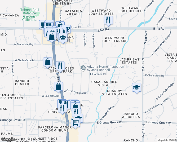 map of restaurants, bars, coffee shops, grocery stores, and more near 6811 North Casas Adobes Drive in Tucson