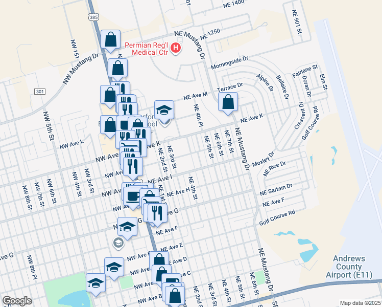 map of restaurants, bars, coffee shops, grocery stores, and more near Northeast Avenue J in Andrews