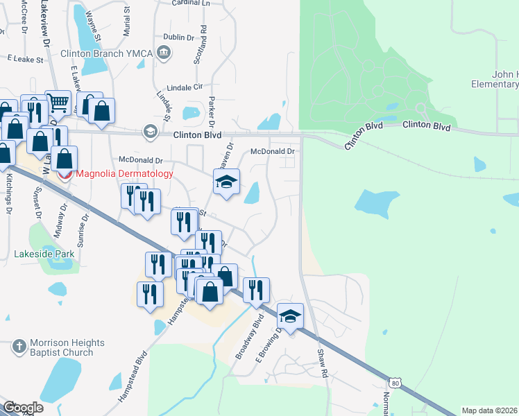 map of restaurants, bars, coffee shops, grocery stores, and more near 107 Amis Court in Clinton
