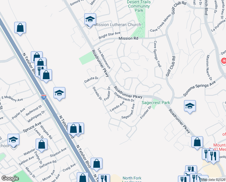 map of restaurants, bars, coffee shops, grocery stores, and more near 843 Stagecoach Drive in Las Cruces