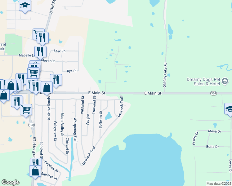 map of restaurants, bars, coffee shops, grocery stores, and more near 600 East Main Street in Gun Barrel City