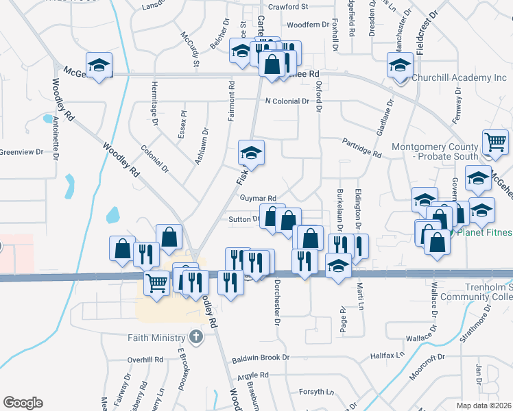 map of restaurants, bars, coffee shops, grocery stores, and more near 3038 Guymar Road in Montgomery