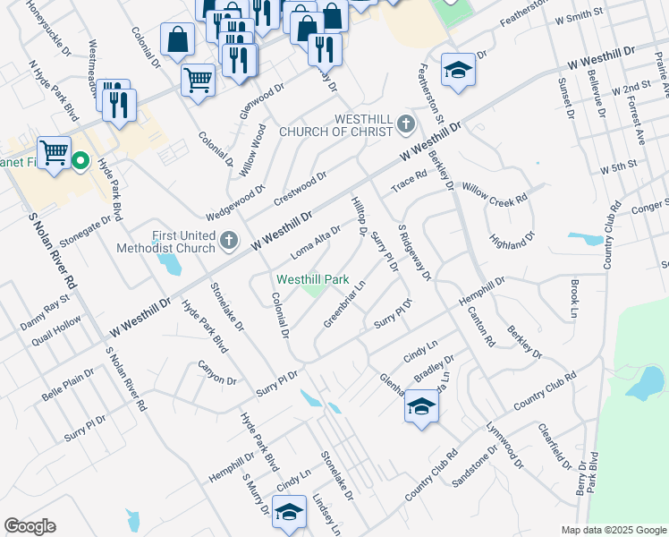 map of restaurants, bars, coffee shops, grocery stores, and more near 1207 Crestview Drive in Cleburne