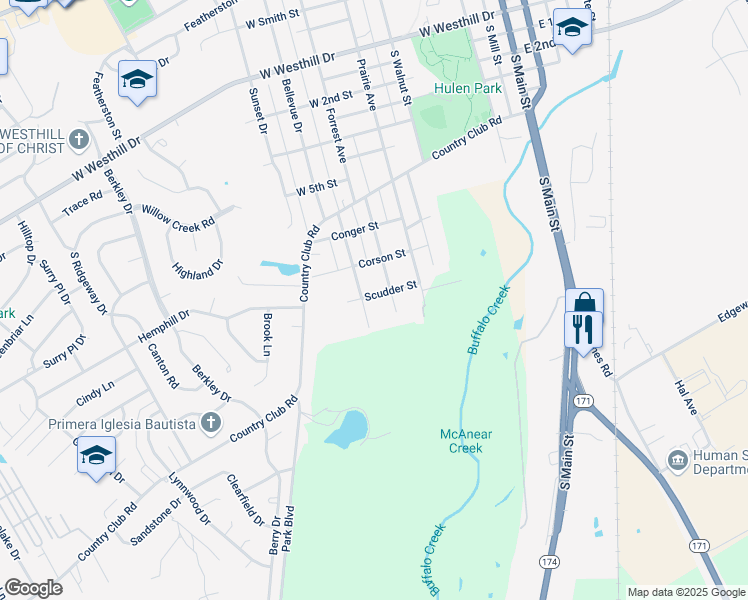 map of restaurants, bars, coffee shops, grocery stores, and more near 605 Scudder Street in Cleburne