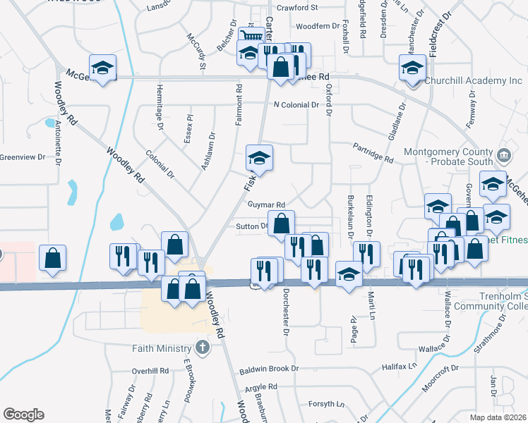 map of restaurants, bars, coffee shops, grocery stores, and more near 3038 Guymar Road in Montgomery