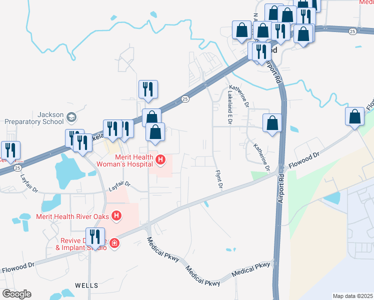 map of restaurants, bars, coffee shops, grocery stores, and more near 585 Dexter Drive in Flowood