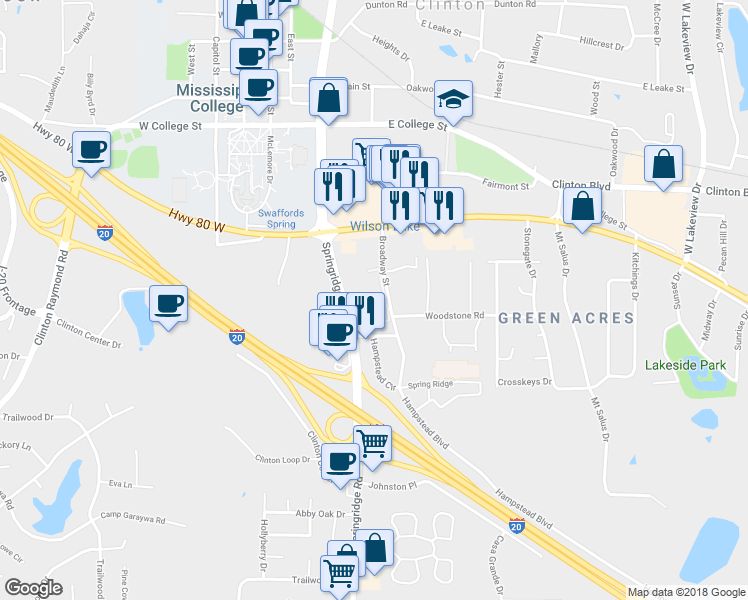 map of restaurants, bars, coffee shops, grocery stores, and more near 160 Broadway Street in Clinton