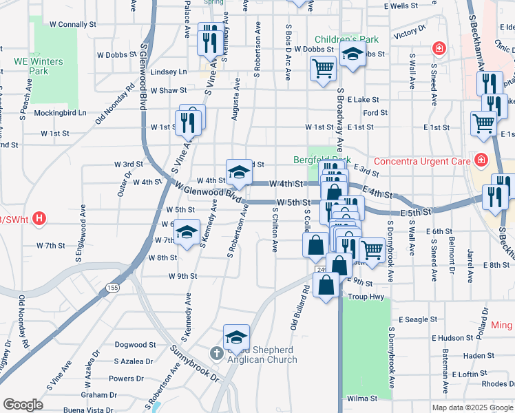 map of restaurants, bars, coffee shops, grocery stores, and more near 516 West 5th Street in Tyler