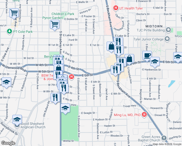 map of restaurants, bars, coffee shops, grocery stores, and more near 1703 South Sneed Avenue in Tyler