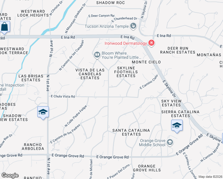map of restaurants, bars, coffee shops, grocery stores, and more near 6820 North Stardust Circle in Tucson