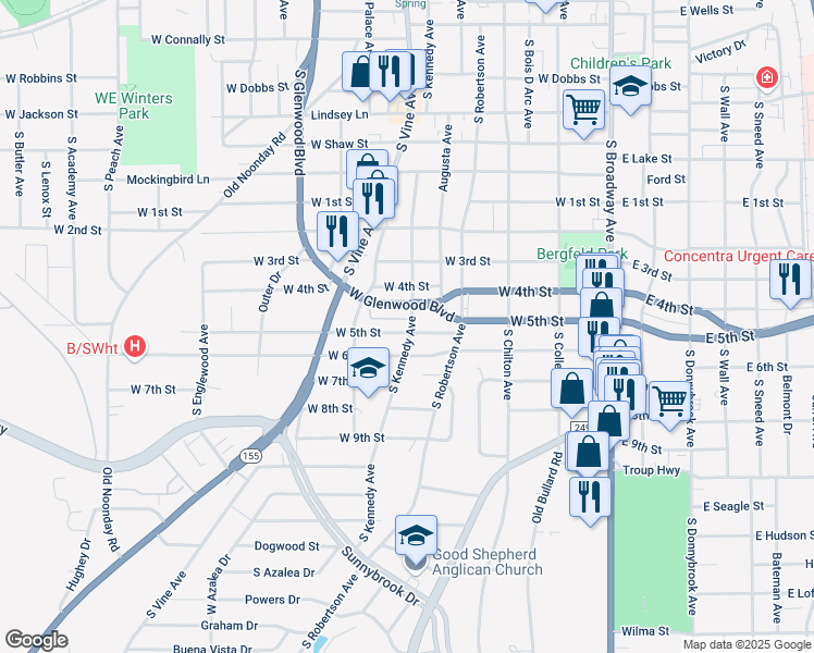 map of restaurants, bars, coffee shops, grocery stores, and more near 801 West 5th Street in Tyler