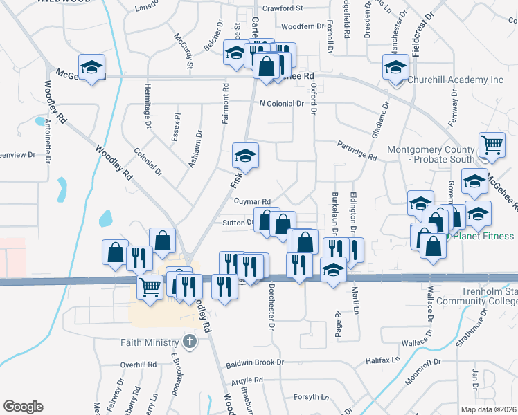 map of restaurants, bars, coffee shops, grocery stores, and more near 3038 Guymar Road in Montgomery