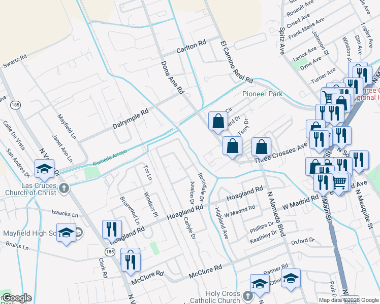 map of restaurants, bars, coffee shops, grocery stores, and more near 2255 Rosedale Drive in Las Cruces