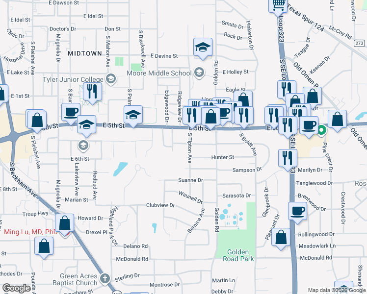 map of restaurants, bars, coffee shops, grocery stores, and more near 2021 Elgem Street in Tyler