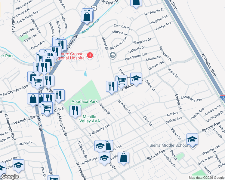 map of restaurants, bars, coffee shops, grocery stores, and more near 2106 Highwire Court in Las Cruces