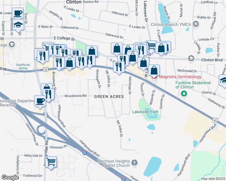map of restaurants, bars, coffee shops, grocery stores, and more near 201 Mount Salus Road in Clinton
