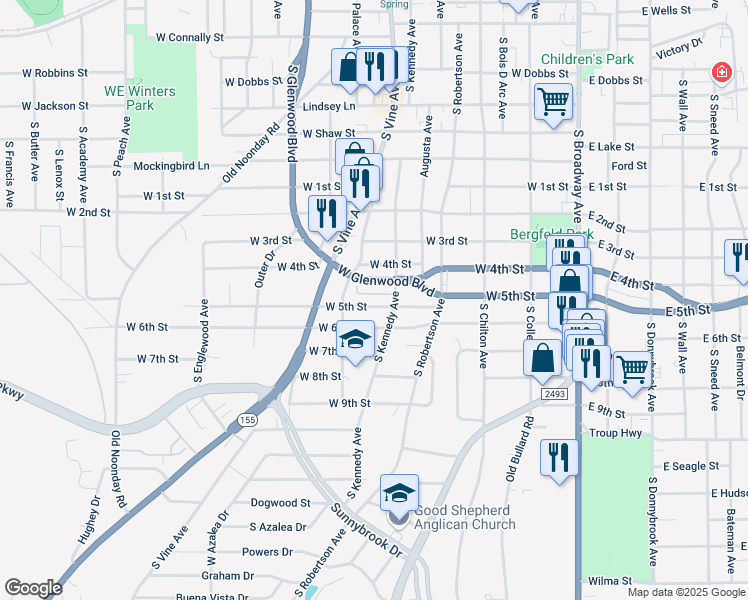 map of restaurants, bars, coffee shops, grocery stores, and more near 823 West 5th Street in Tyler