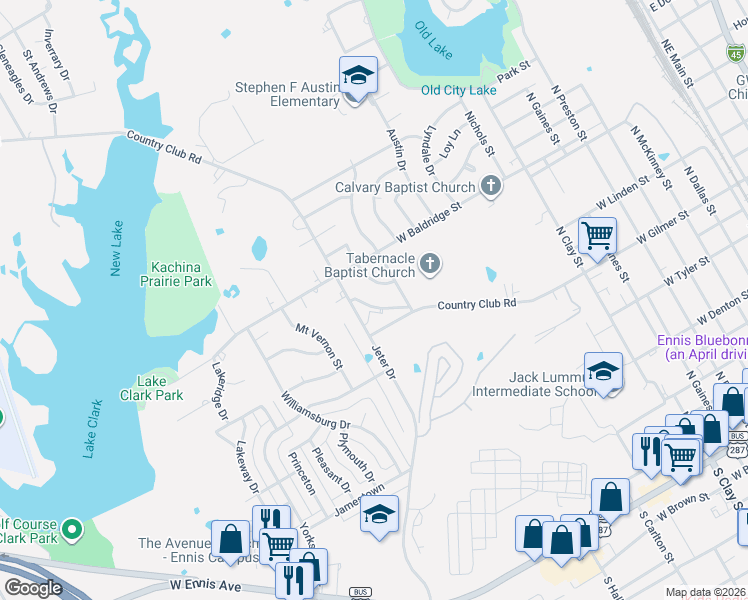 map of restaurants, bars, coffee shops, grocery stores, and more near 1402 Country Club Road in Ennis