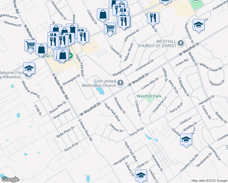 map of restaurants, bars, coffee shops, grocery stores, and more near 719 Stonelake Drive in Cleburne