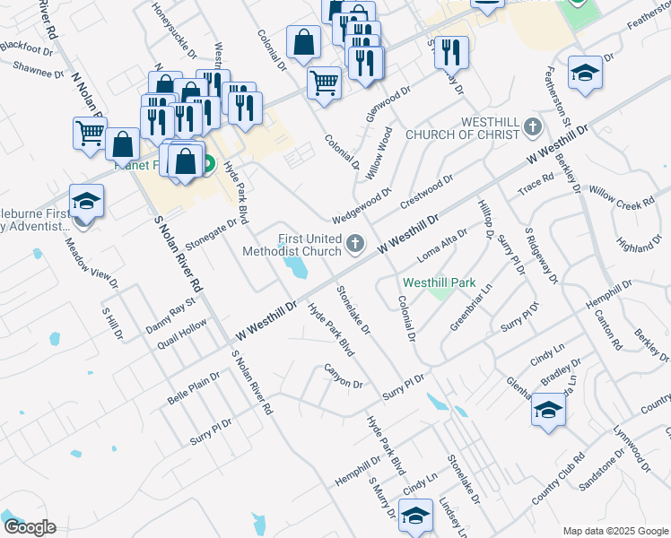 map of restaurants, bars, coffee shops, grocery stores, and more near 719 Stonelake Drive in Cleburne